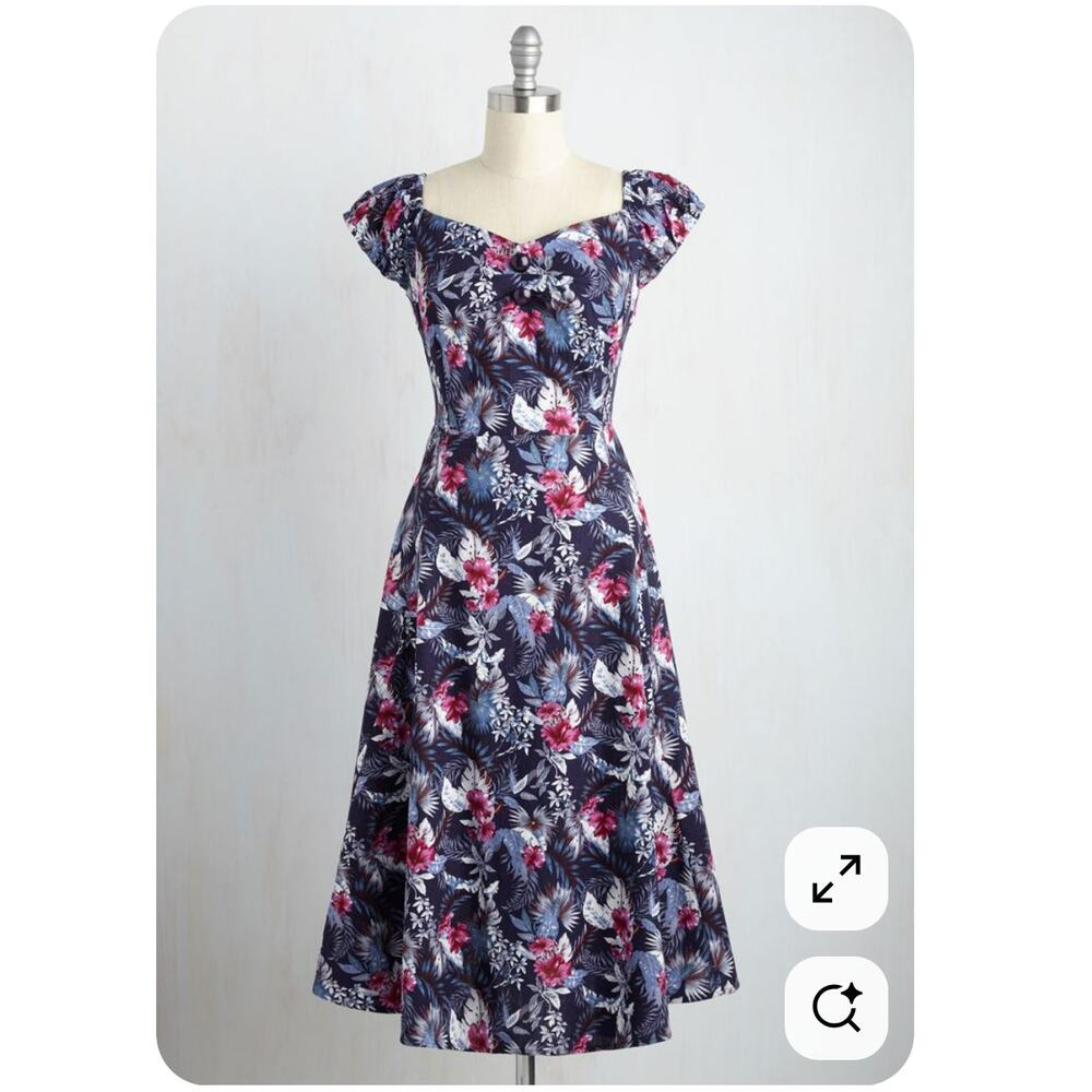 Collectif London Floral Midi Navy Blue Dolores Maui Hibiscus Dress Womens Size 6